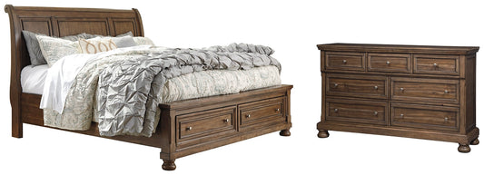 Flynnter Queen Sleigh Bed with 2 Storage Drawers with Dresser with Dresser at Walker Mattress and Furniture Locations in Cedar Park and Belton TX.