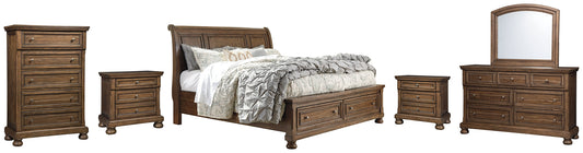 Flynnter Queen Sleigh Bed with 2 Storage Drawers with Mirrored Dresser, Chest and 2 Nightstands at Walker Mattress and Furniture Locations in Cedar Park and Belton TX.