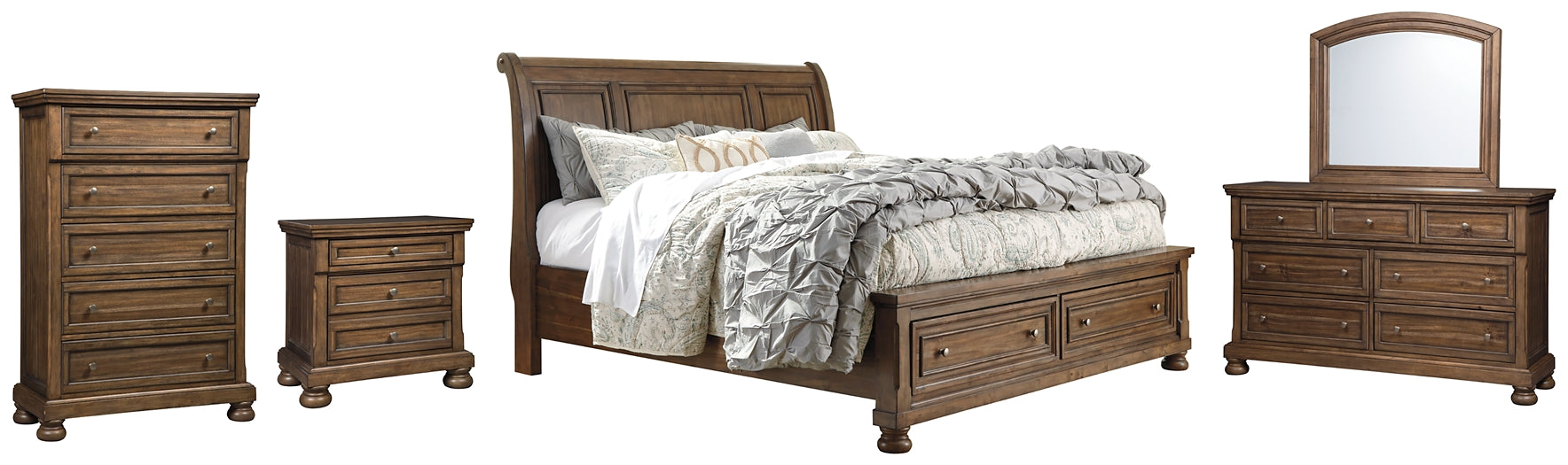 Flynnter Queen Sleigh Bed with 2 Storage Drawers with Mirrored Dresser, Chest and Nightstand at Walker Mattress and Furniture Locations in Cedar Park and Belton TX.
