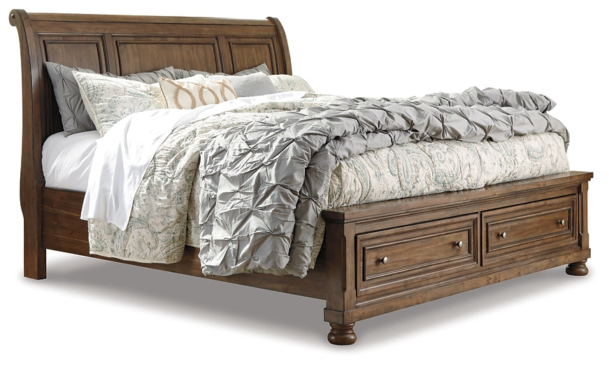 Flynnter Queen Sleigh Bed with 2 Storage Drawers with Mirrored Dresser, Chest and Nightstand at Walker Mattress and Furniture Locations in Cedar Park and Belton TX.