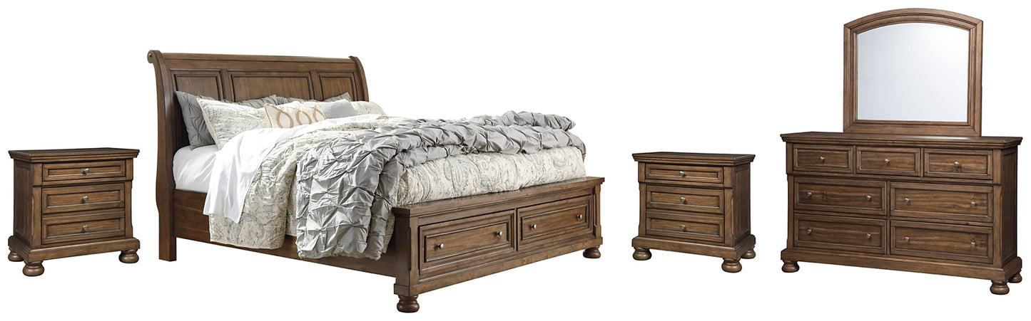Flynnter Queen Sleigh Bed with 2 Storage Drawers with Mirrored Dresser and 2 Nightstands at Walker Mattress and Furniture Locations in Cedar Park and Belton TX.