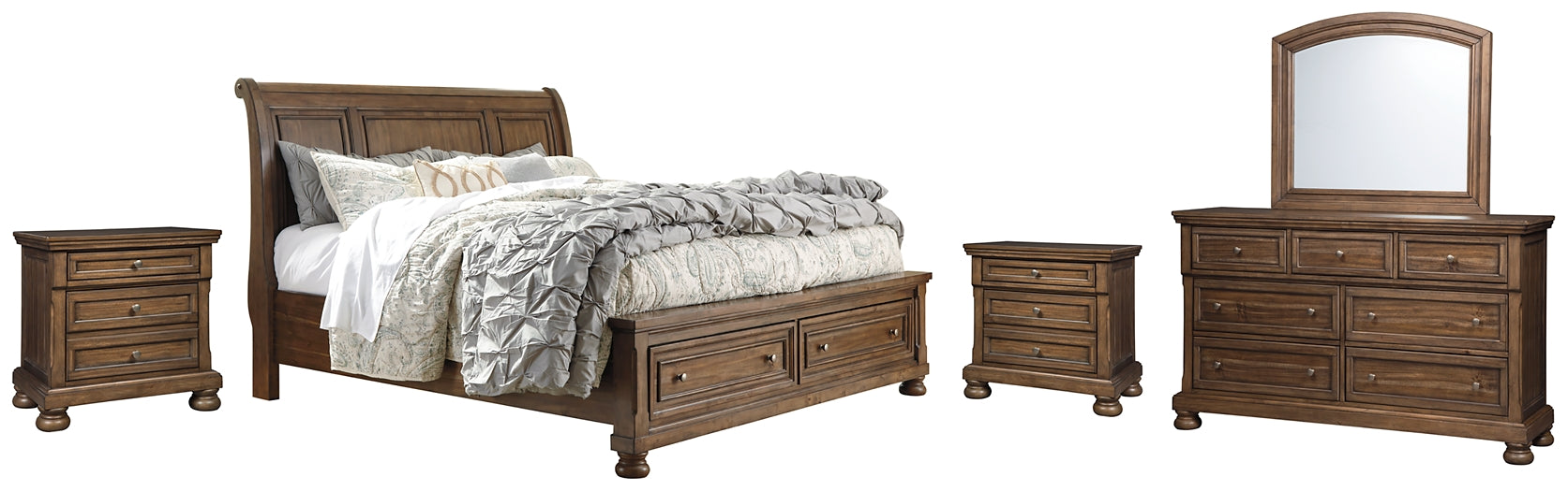 Flynnter Queen Sleigh Bed with 2 Storage Drawers with Mirrored Dresser and 2 Nightstands at Walker Mattress and Furniture Locations in Cedar Park and Belton TX.