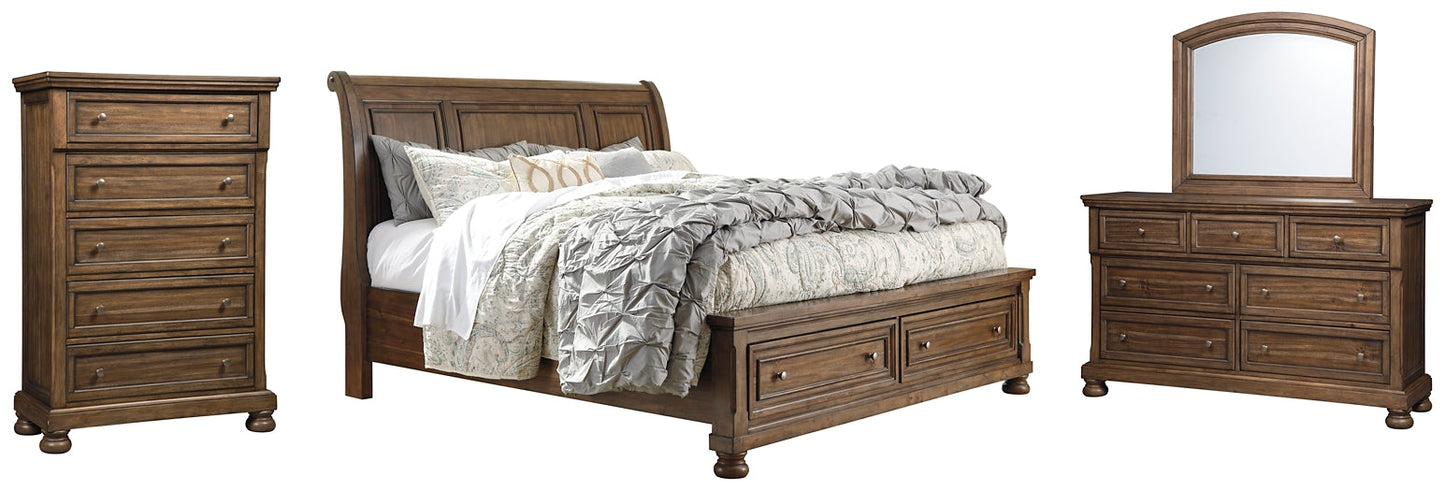 Flynnter Queen Sleigh Bed with 2 Storage Drawers with Mirrored Dresser and Chest at Walker Mattress and Furniture Locations in Cedar Park and Belton TX.