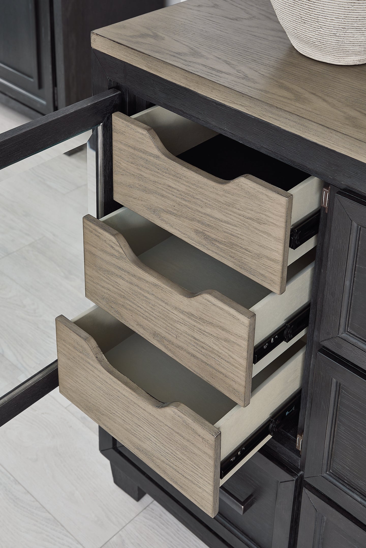 Foyland California King Panel Storage Bed with Mirrored Dresser, Chest and 2 Nightstands at Walker Mattress and Furniture Locations in Cedar Park and Belton TX.