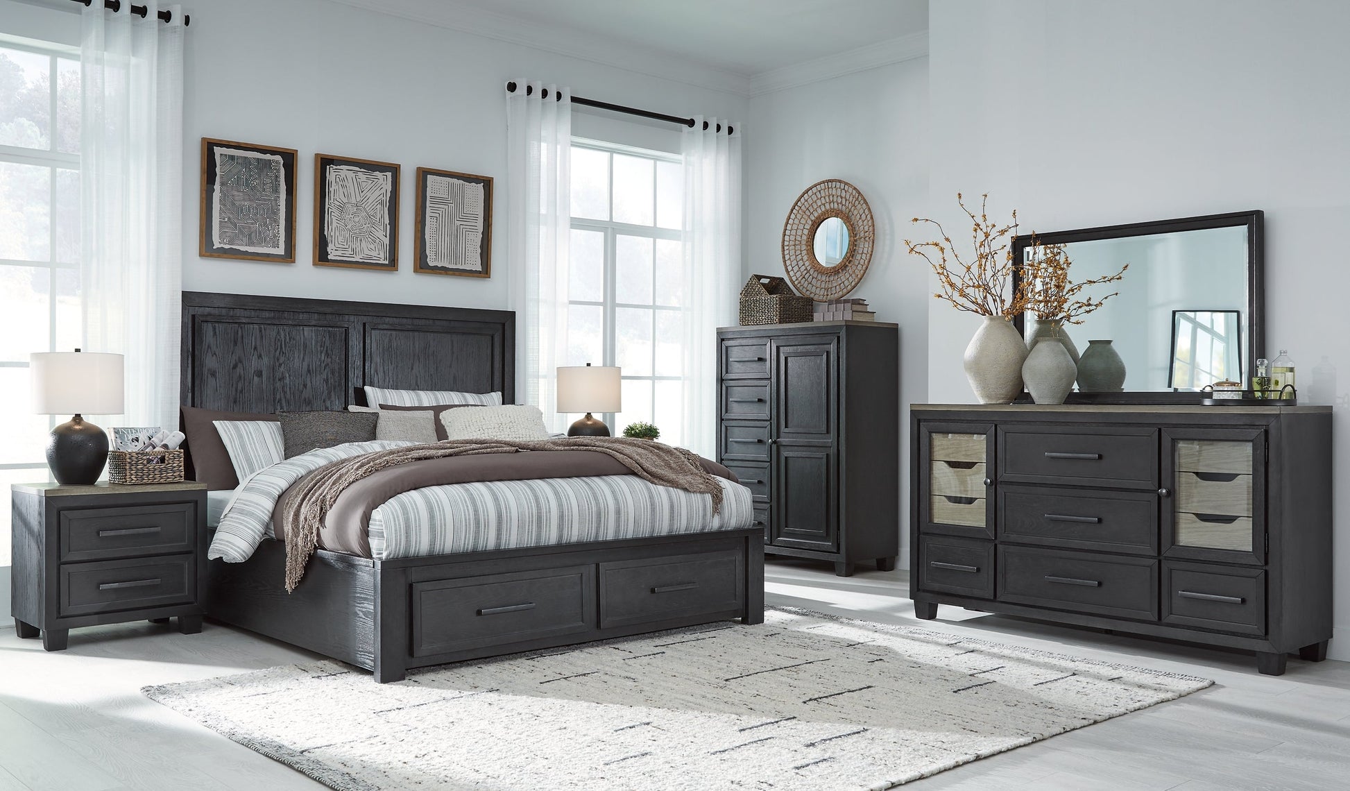 Foyland California King Panel Storage Bed with Mirrored Dresser, Chest and 2 Nightstands at Walker Mattress and Furniture Locations in Cedar Park and Belton TX.