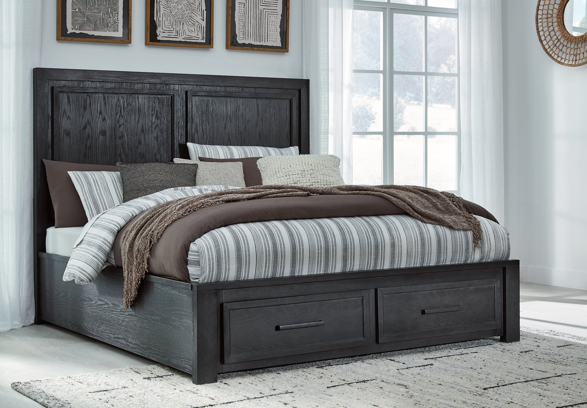 Foyland California King Panel Storage Bed with Mirrored Dresser and 2 Nightstands at Walker Mattress and Furniture Locations in Cedar Park and Belton TX.