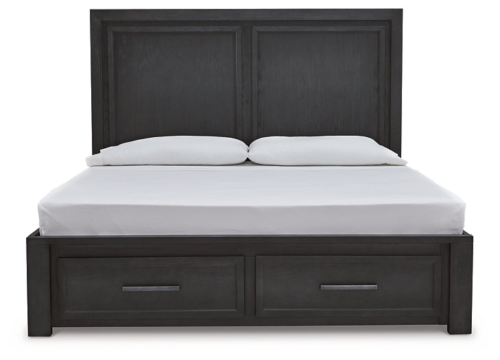 Foyland California King Panel Storage Bed with Mirrored Dresser and 2 Nightstands at Walker Mattress and Furniture Locations in Cedar Park and Belton TX.