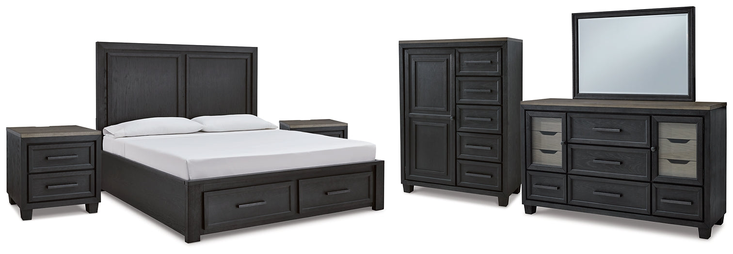 Foyland Queen Panel Storage Bed with Mirrored Dresser, Chest and 2 Nightstands at Walker Mattress and Furniture Locations in Cedar Park and Belton TX.