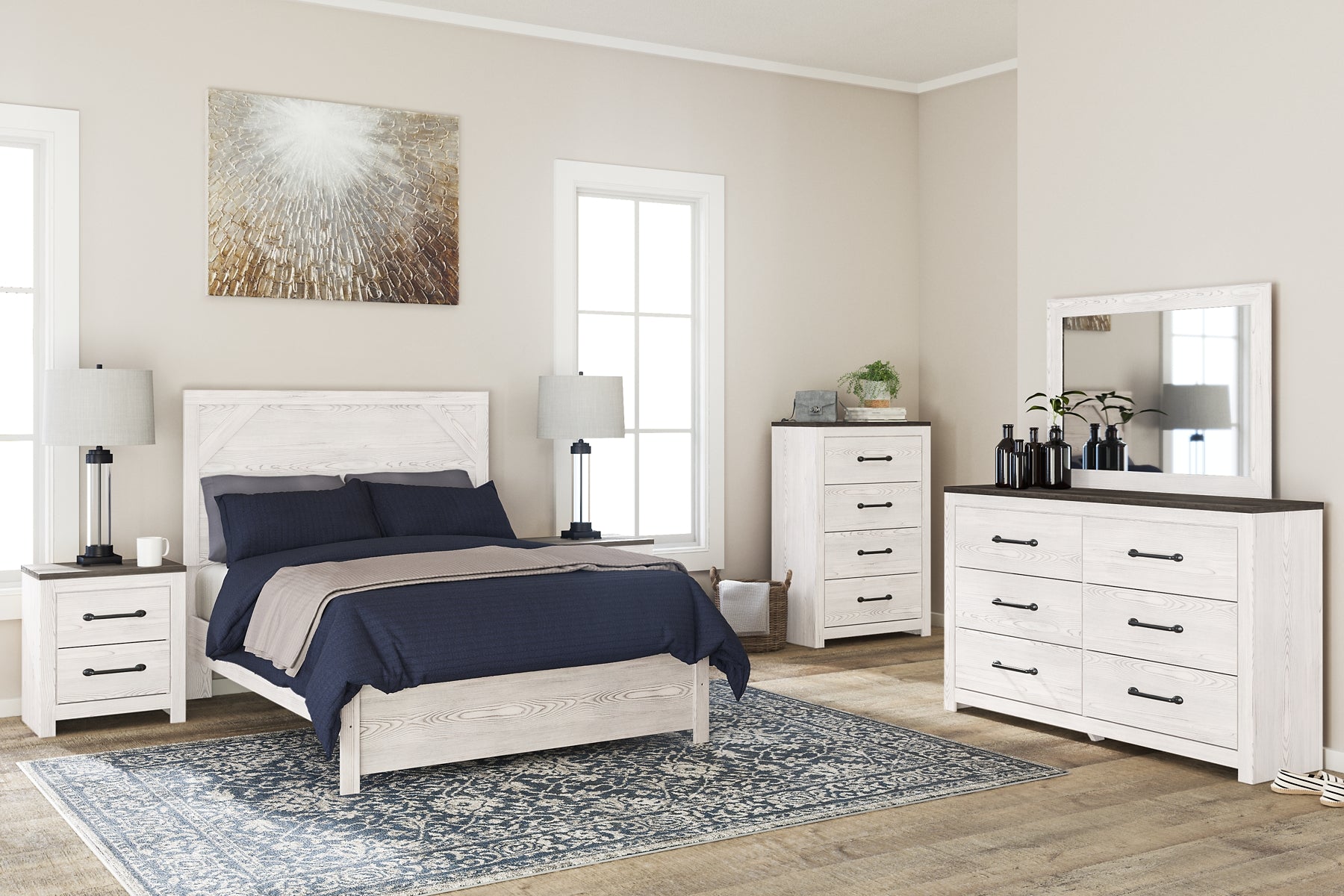 Gerridan Full Panel Bed with Mirrored Dresser, Chest and 2 Nightstands at Walker Mattress and Furniture Locations in Cedar Park and Belton TX.