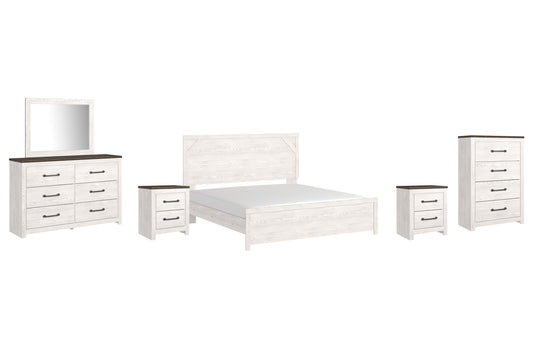 Gerridan King Panel Bed with Mirrored Dresser, Chest and 2 Nightstands at Walker Mattress and Furniture Locations in Cedar Park and Belton TX.
