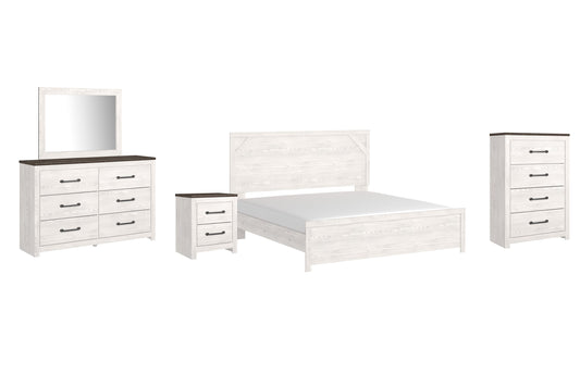 Gerridan King Panel Bed with Mirrored Dresser, Chest and Nightstand at Walker Mattress and Furniture Locations in Cedar Park and Belton TX.