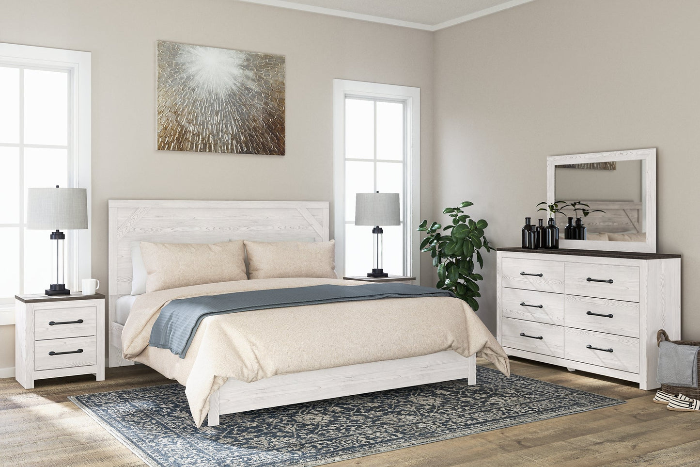 Gerridan King Panel Bed with Mirrored Dresser and 2 Nightstands at Walker Mattress and Furniture Locations in Cedar Park and Belton TX.
