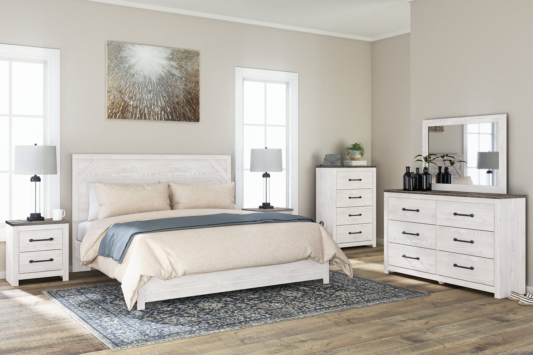 Gerridan King Panel Bed with Mirrored Dresser at Walker Mattress and Furniture Locations in Cedar Park and Belton TX.