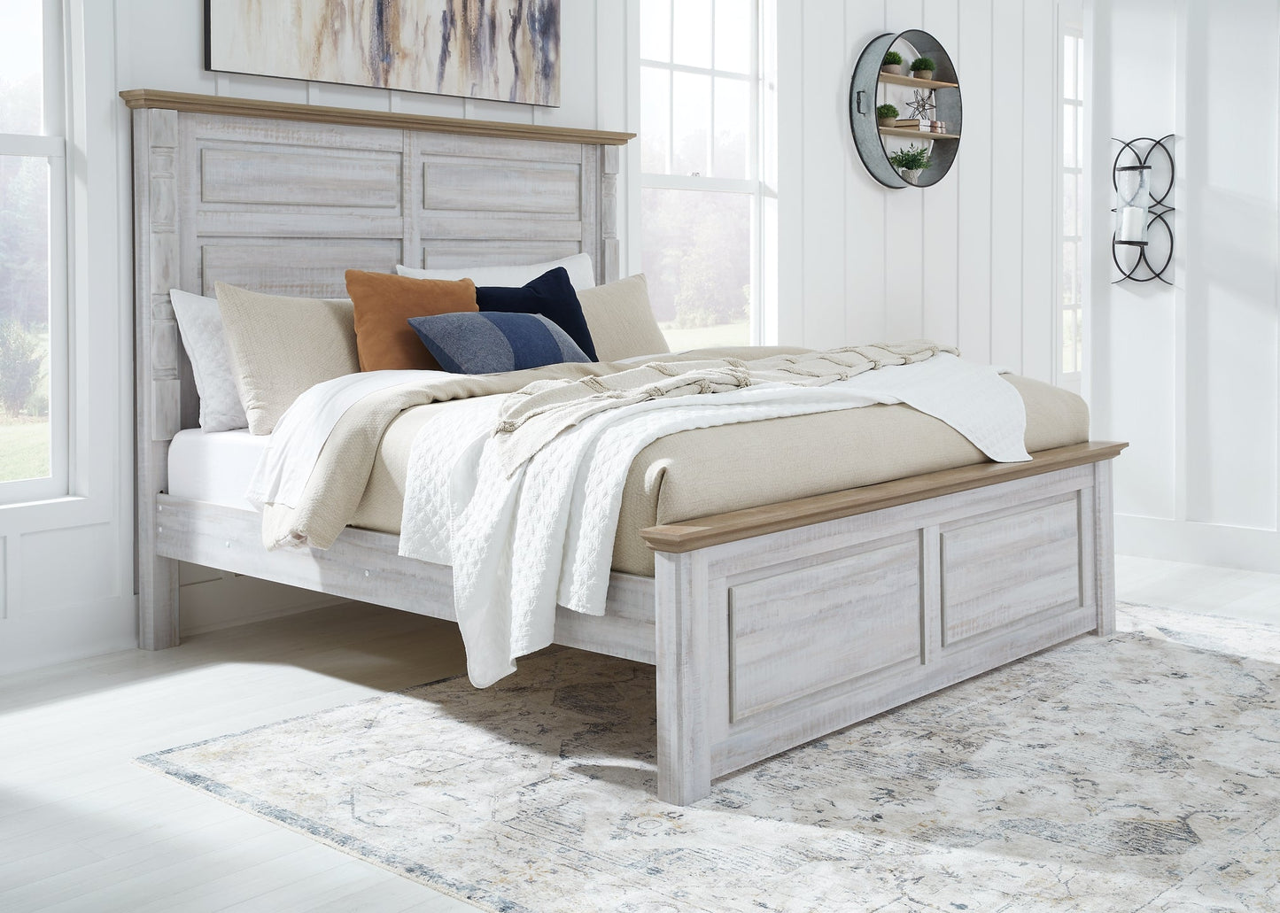 Haven Bay King Panel Bed with Mirrored Dresser, Chest and 2 Nightstands at Walker Mattress and Furniture Locations in Cedar Park and Belton TX.