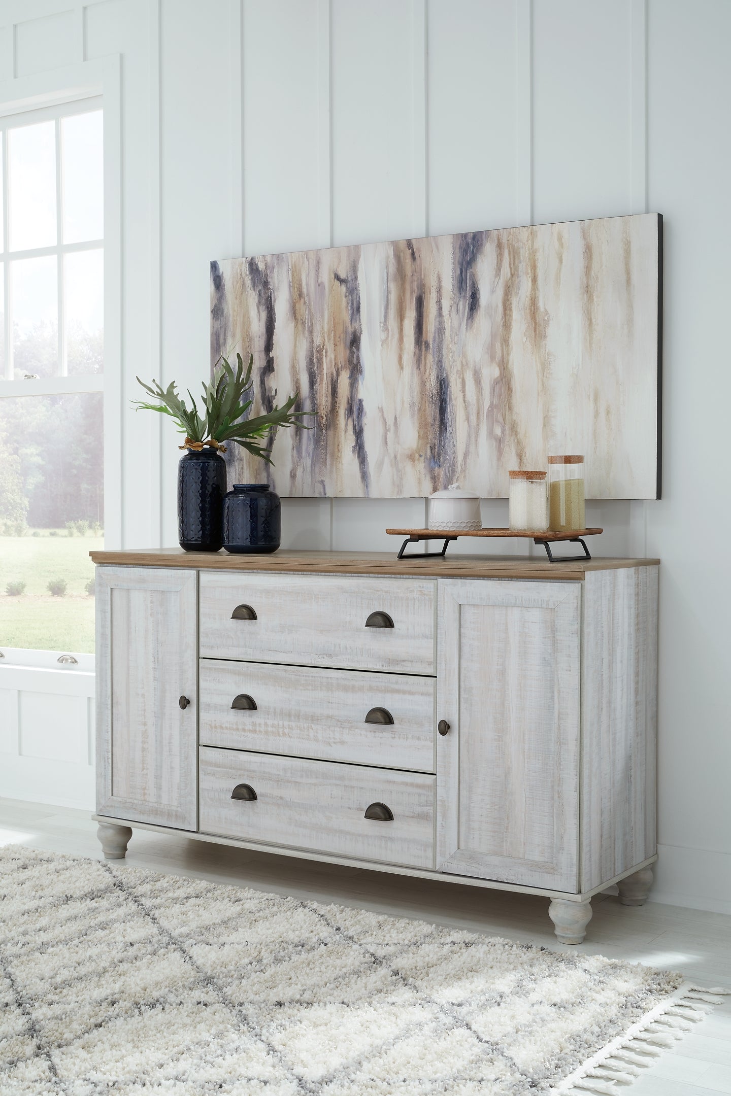 Haven Bay King Panel Storage Bed with Mirrored Dresser, Chest and Nightstand at Walker Mattress and Furniture Locations in Cedar Park and Belton TX.