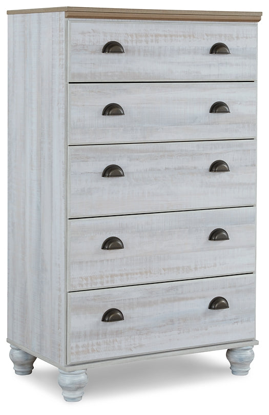 Haven Bay King Panel Storage Bed with Mirrored Dresser, Chest and Nightstand at Walker Mattress and Furniture Locations in Cedar Park and Belton TX.