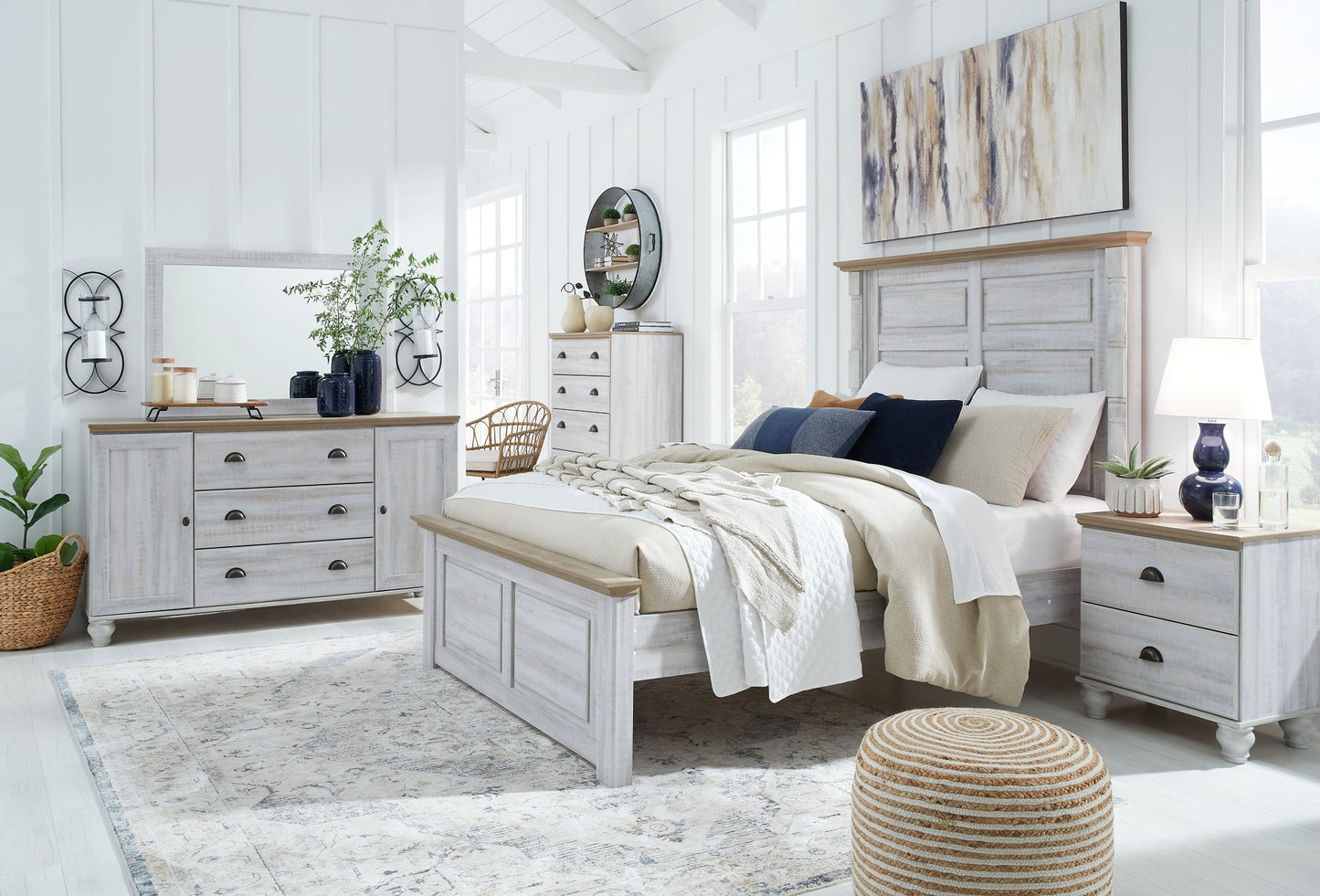 Haven Bay Queen Panel Bed with Mirrored Dresser, Chest and 2 Nightstands at Walker Mattress and Furniture Locations in Cedar Park and Belton TX.