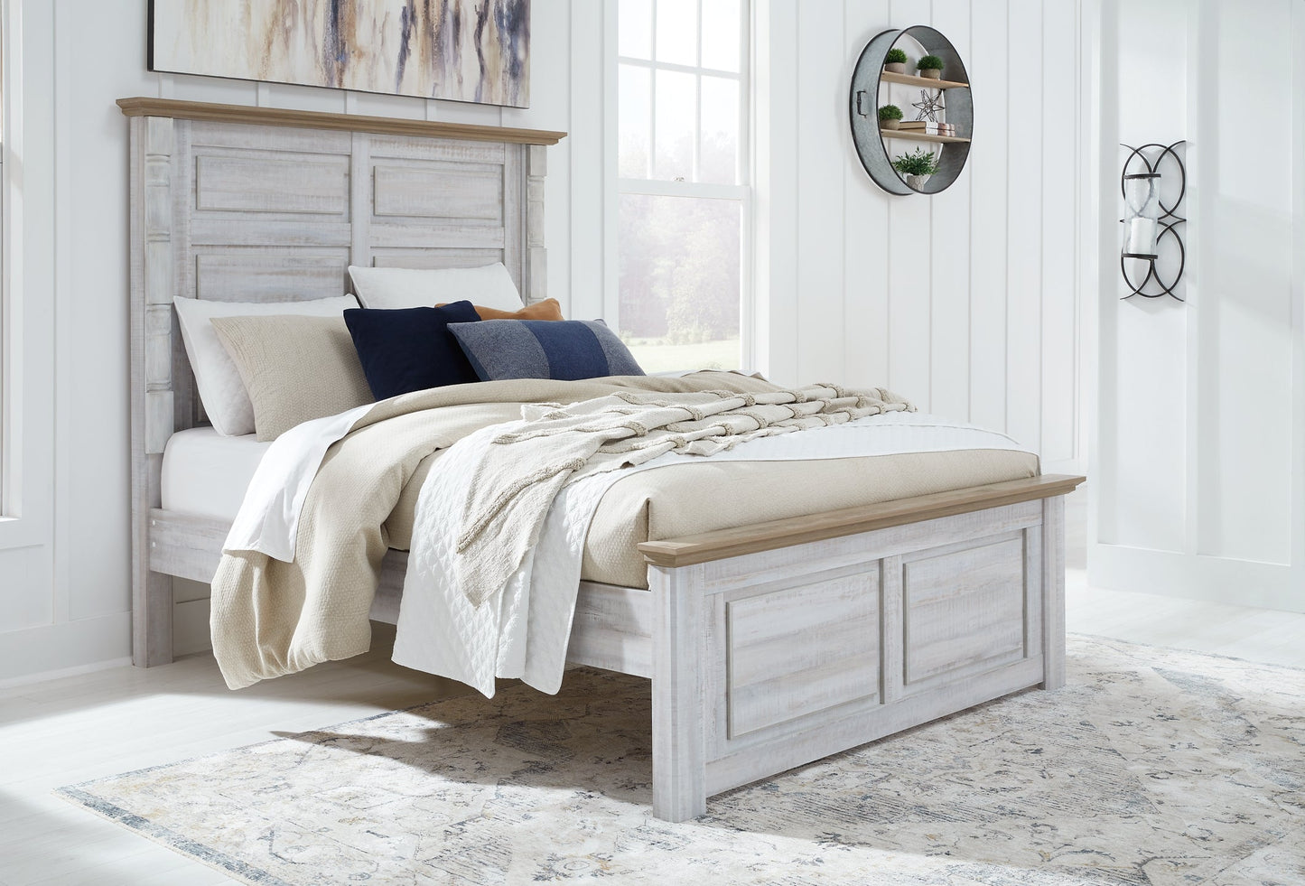 Haven Bay Queen Panel Bed with Mirrored Dresser and 2 Nightstands at Walker Mattress and Furniture Locations in Cedar Park and Belton TX.