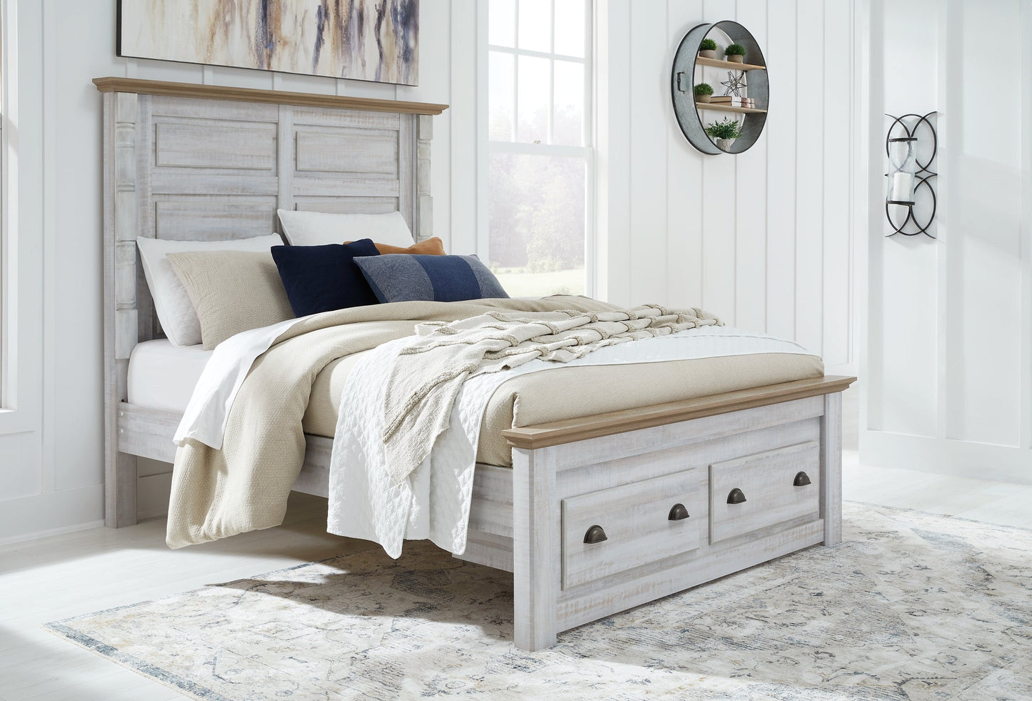 Haven Bay Queen Panel Storage Bed with Mirrored Dresser at Walker Mattress and Furniture Locations in Cedar Park and Belton TX.