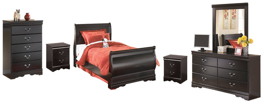 Huey Vineyard Full Sleigh Bed with Mirrored Dresser, Chest and 2 Nightstands at Walker Mattress and Furniture Locations in Cedar Park and Belton TX.