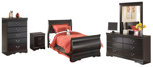 Huey Vineyard Twin Sleigh Bed with Mirrored Dresser, Chest and Nightstand at Walker Mattress and Furniture Locations in Cedar Park and Belton TX.