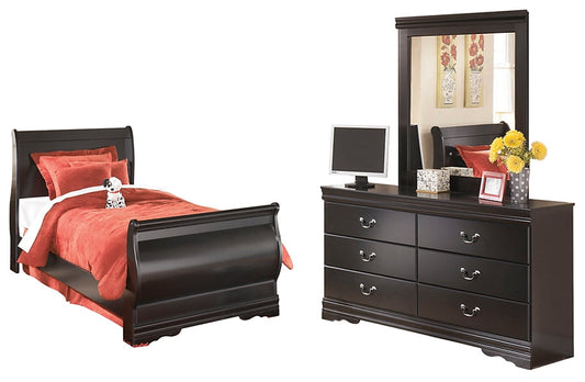 Huey Vineyard Twin Sleigh Bed with Mirrored Dresser at Walker Mattress and Furniture Locations in Cedar Park and Belton TX.