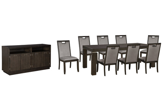 Hyndell Dining Table and 8 Chairs with Storage at Walker Mattress and Furniture Locations in Cedar Park and Belton TX.