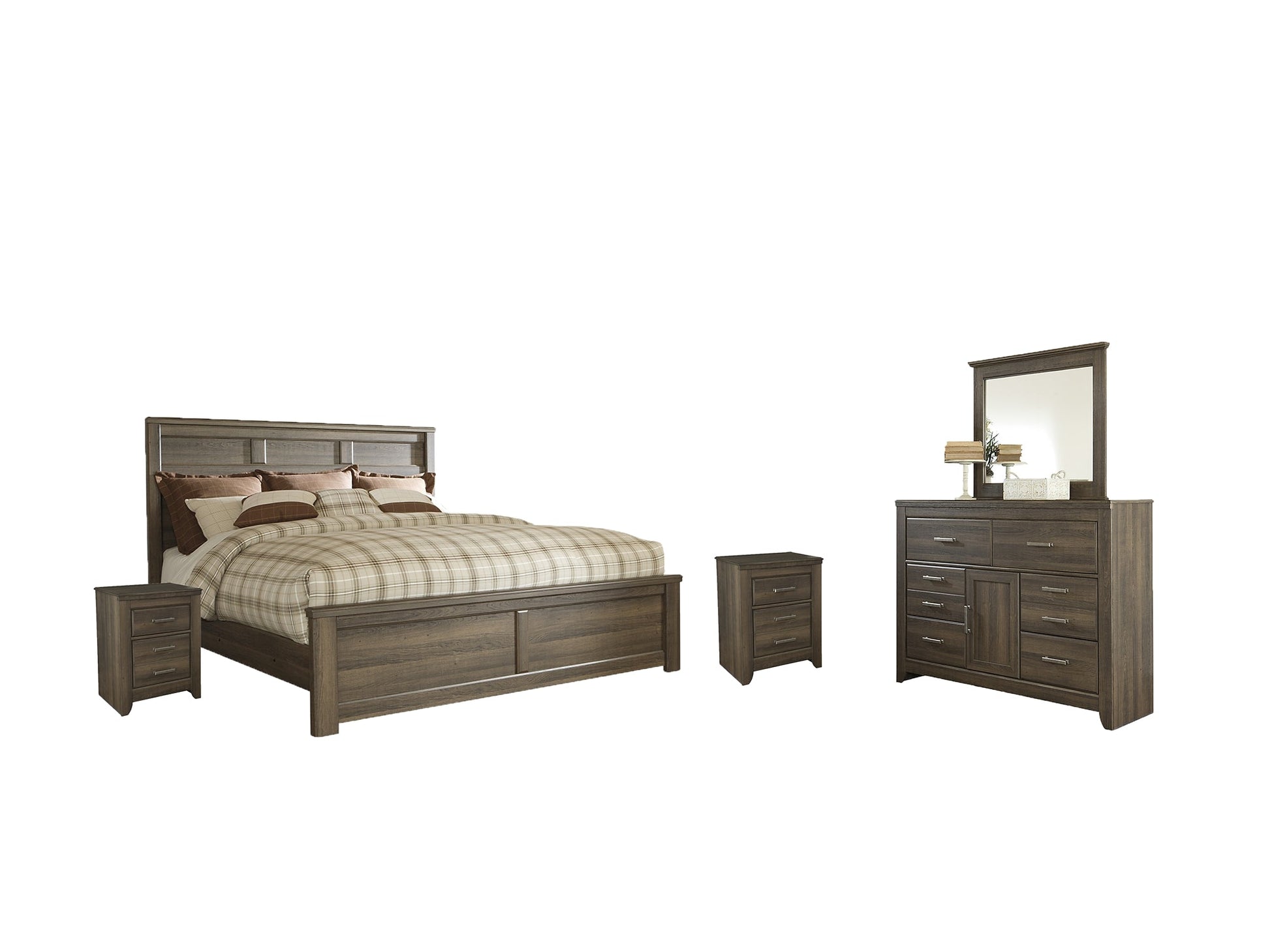 Juararo California King Panel Bed with Mirrored Dresser and 2 Nightstands at Walker Mattress and Furniture Locations in Cedar Park and Belton TX.