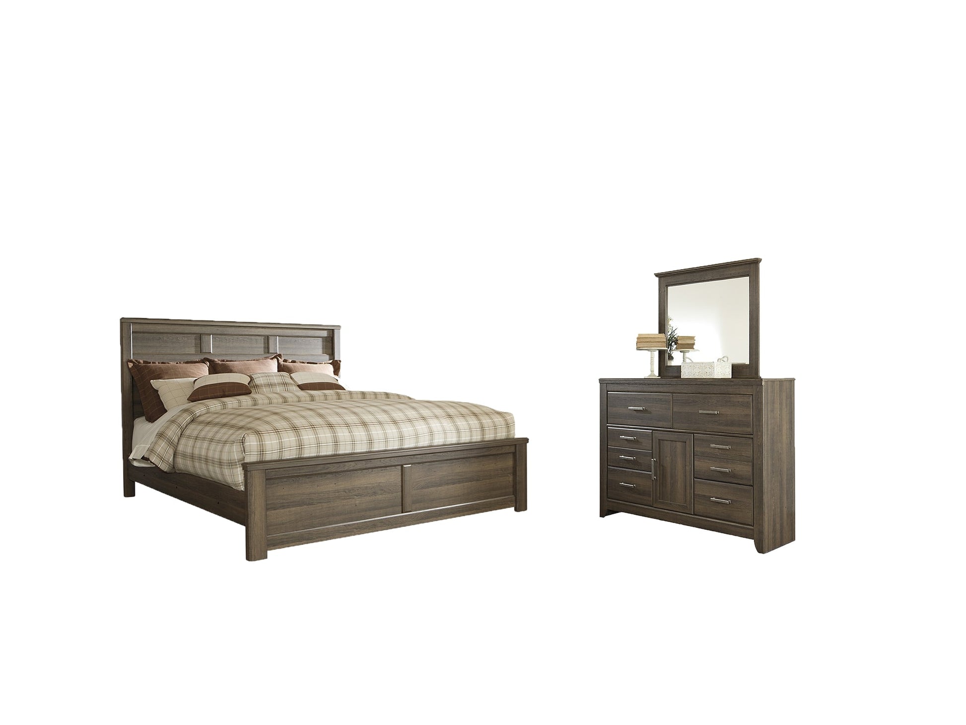 Juararo California King Panel Bed with Mirrored Dresser at Walker Mattress and Furniture Locations in Cedar Park and Belton TX.