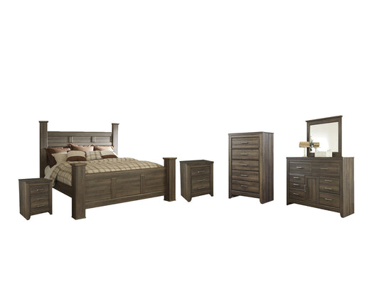 Juararo California King Poster Bed with Mirrored Dresser, Chest and 2 Nightstands at Walker Mattress and Furniture Locations in Cedar Park and Belton TX.