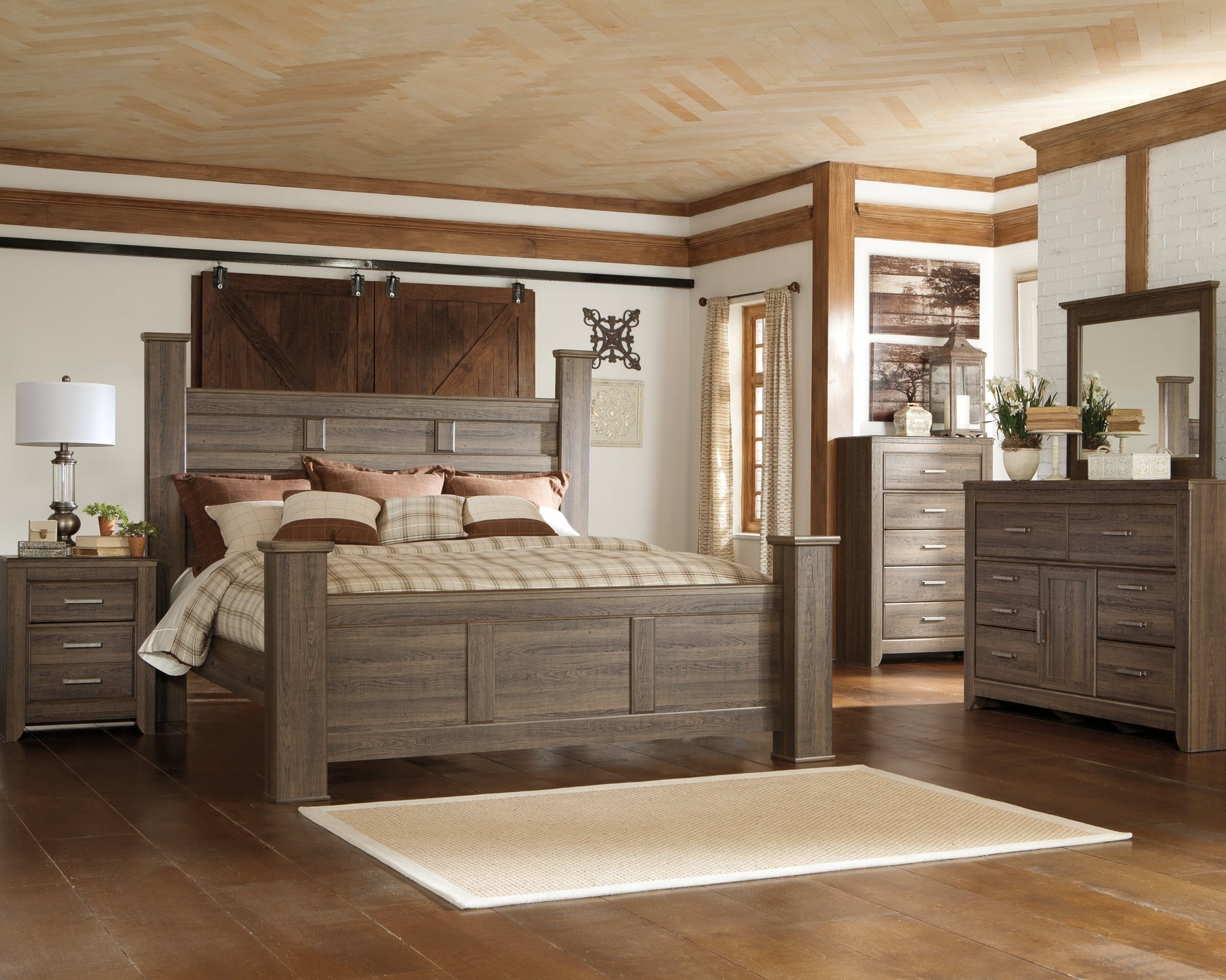 Juararo California King Poster Bed with Mirrored Dresser and 2 Nightstands at Walker Mattress and Furniture Locations in Cedar Park and Belton TX.