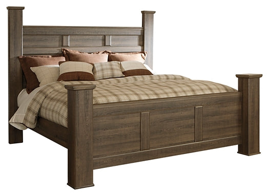 Juararo California King Poster Bed with Mirrored Dresser and Chest at Walker Mattress and Furniture Locations in Cedar Park and Belton TX.