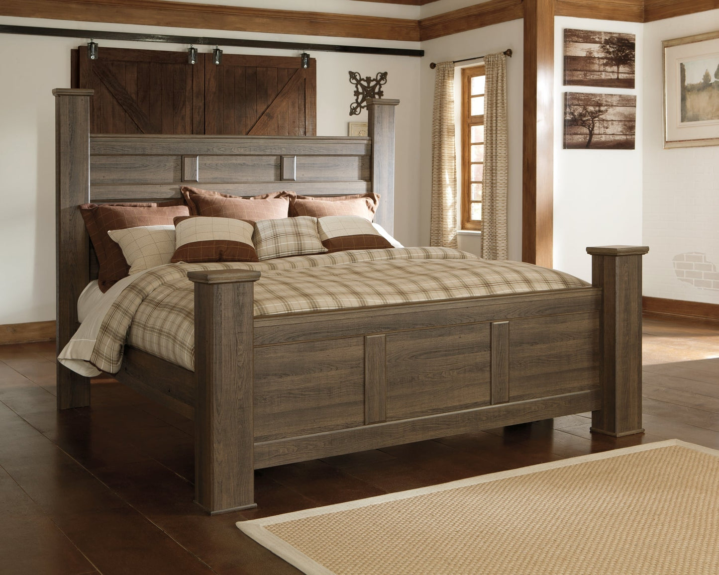 Juararo California King Poster Bed with Mirrored Dresser and Chest at Walker Mattress and Furniture Locations in Cedar Park and Belton TX.