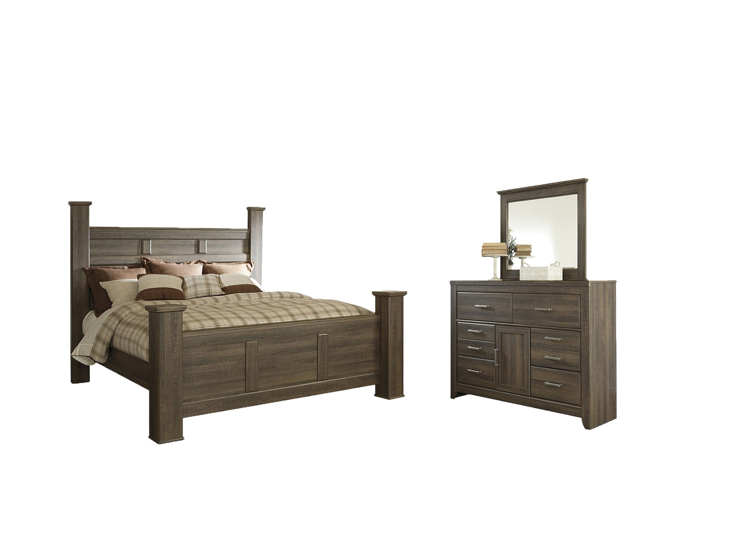 Juararo California King Poster Bed with Mirrored Dresser at Walker Mattress and Furniture Locations in Cedar Park and Belton TX.