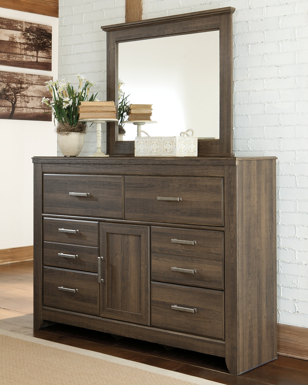 Juararo California King Poster Bed with Mirrored Dresser at Walker Mattress and Furniture Locations in Cedar Park and Belton TX.