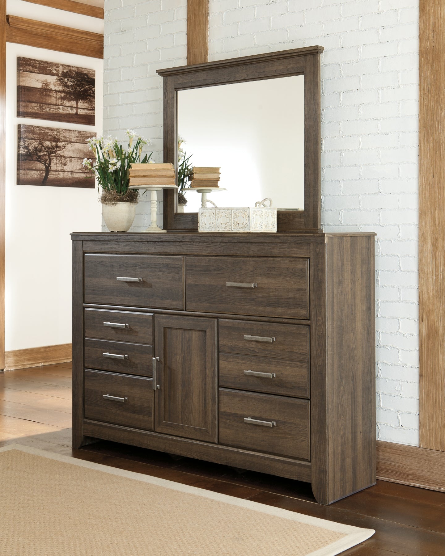 Juararo King/California King Panel Headboard with Mirrored Dresser, Chest and 2 Nightstands at Walker Mattress and Furniture Locations in Cedar Park and Belton TX.