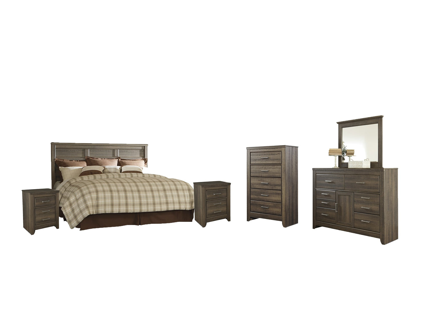 Juararo King/California King Panel Headboard with Mirrored Dresser, Chest and 2 Nightstands at Walker Mattress and Furniture Locations in Cedar Park and Belton TX.