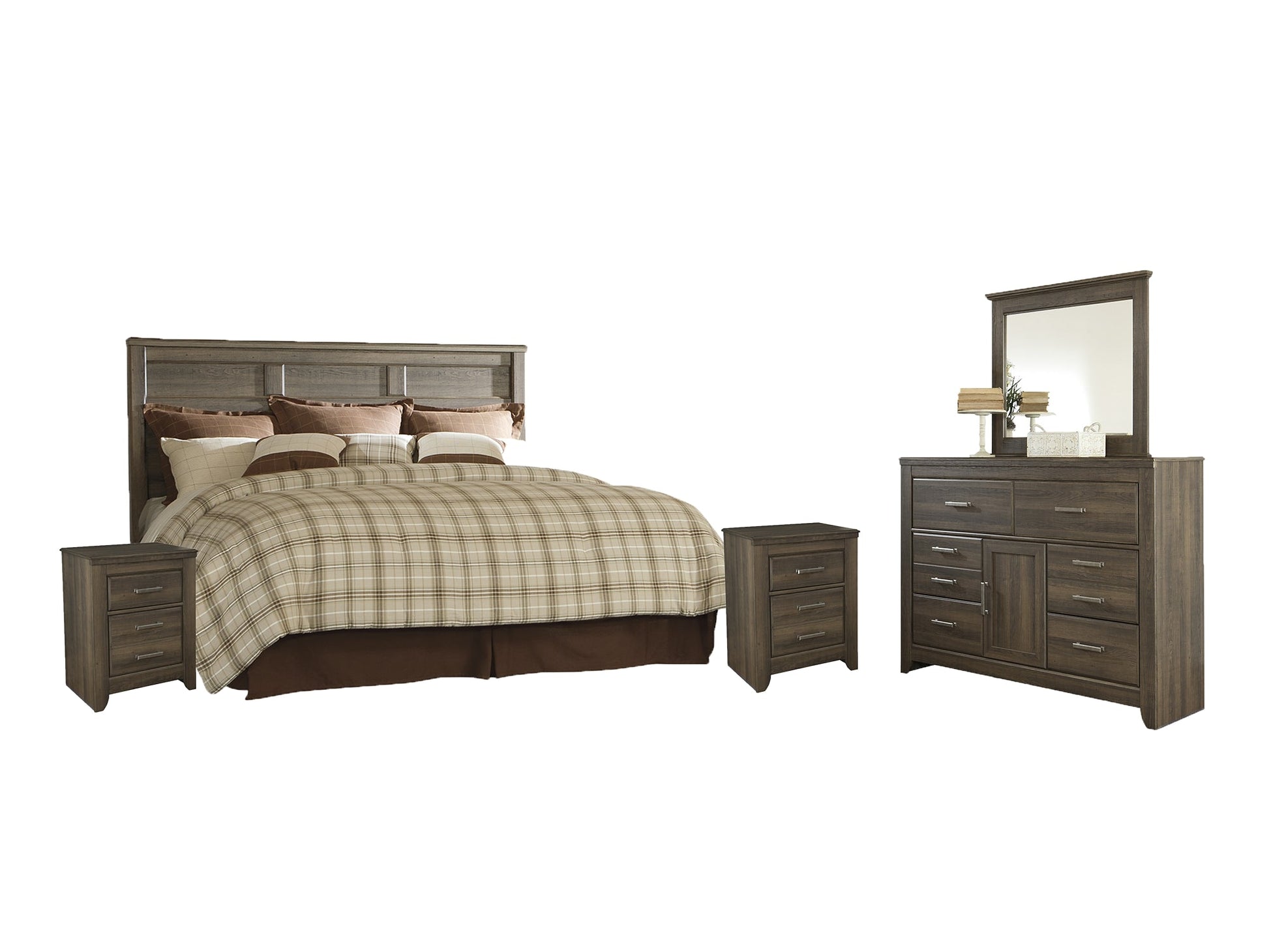 Juararo King/California King Panel Headboard with Mirrored Dresser and 2 Nightstands at Walker Mattress and Furniture Locations in Cedar Park and Belton TX.