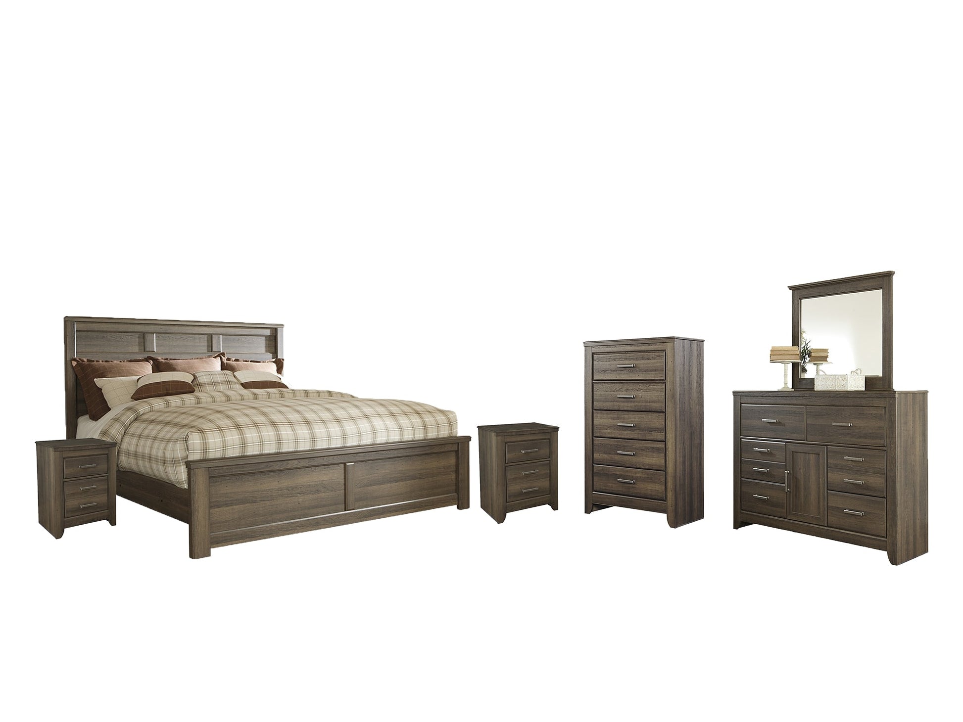 Juararo King Panel Bed with Mirrored Dresser, Chest and 2 Nightstands at Walker Mattress and Furniture Locations in Cedar Park and Belton TX.