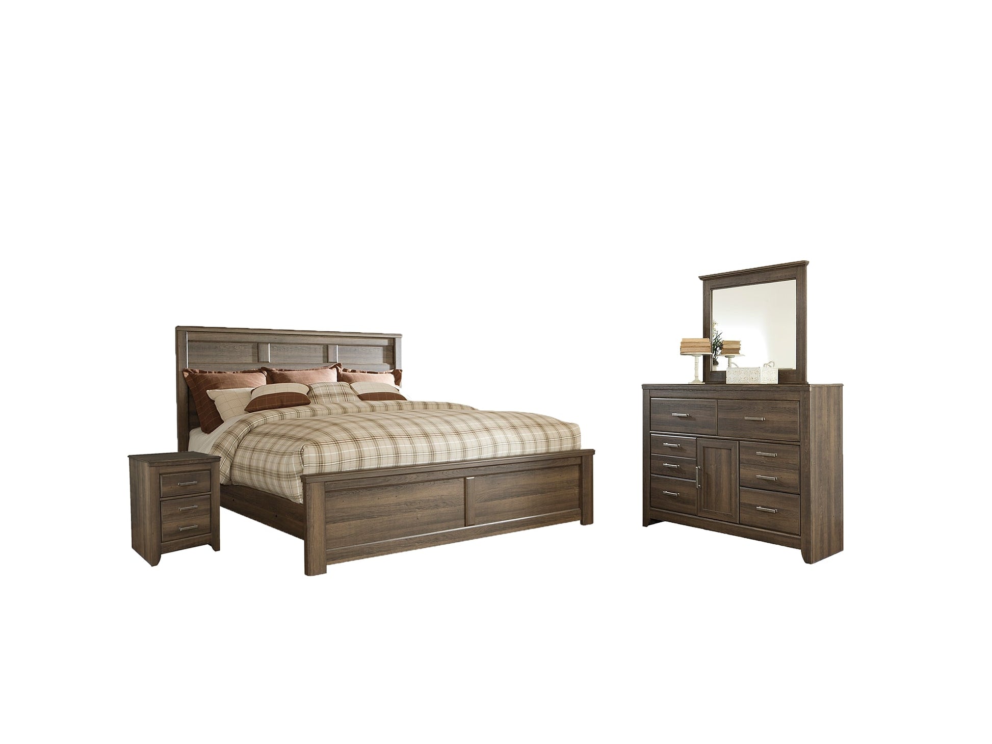 Juararo King Panel Bed with Mirrored Dresser and 2 Nightstands at Walker Mattress and Furniture Locations in Cedar Park and Belton TX.