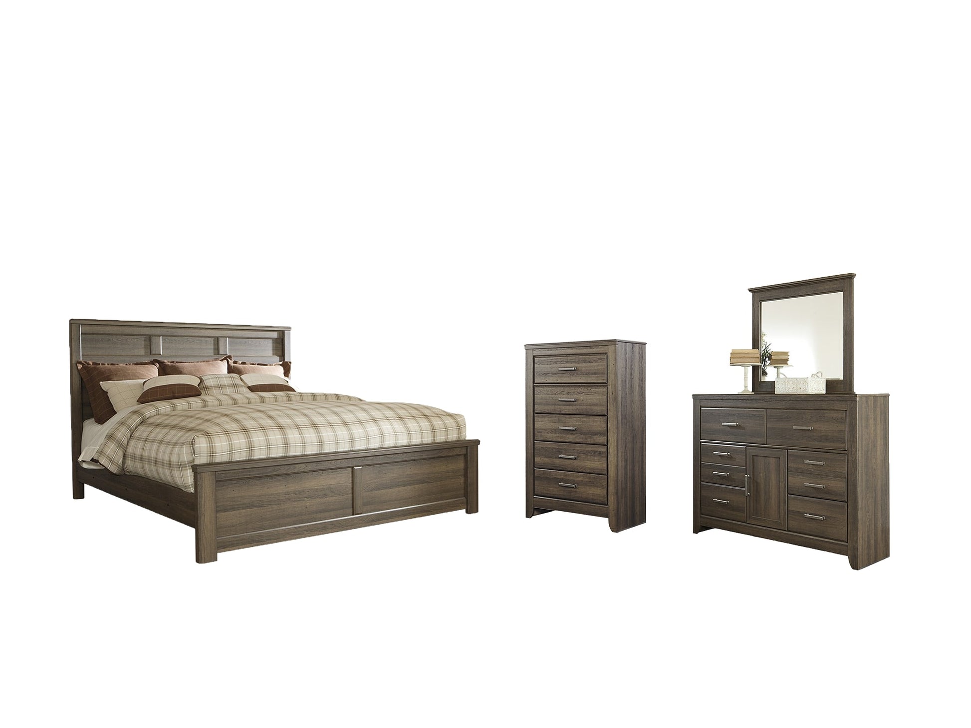 Juararo King Panel Bed with Mirrored Dresser and Chest at Walker Mattress and Furniture Locations in Cedar Park and Belton TX.
