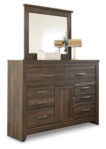 Juararo King Poster Bed with Mirrored Dresser, Chest and 2 Nightstands at Walker Mattress and Furniture Locations in Cedar Park and Belton TX.