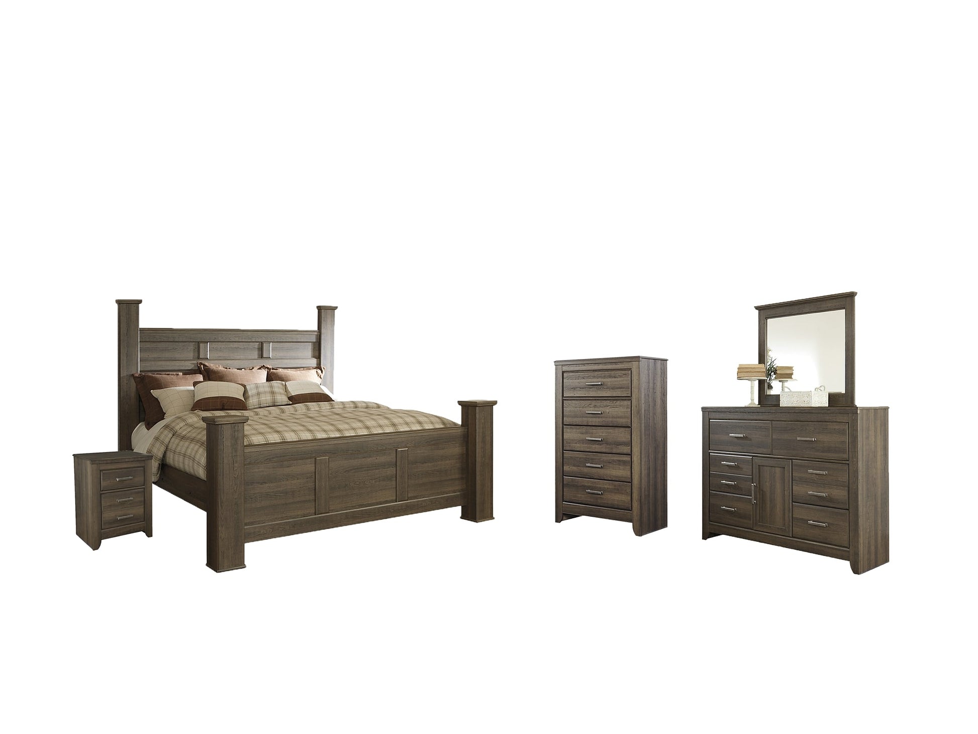 Juararo King Poster Bed with Mirrored Dresser, Chest and Nightstand at Walker Mattress and Furniture Locations in Cedar Park and Belton TX.