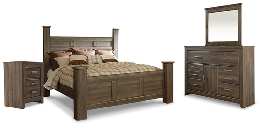 Juararo King Poster Bed with Mirrored Dresser and Nightstand at Walker Mattress and Furniture Locations in Cedar Park and Belton TX.