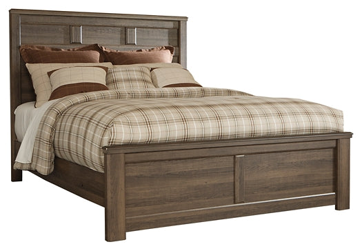 Juararo Queen Panel Bed with Mirrored Dresser, Chest and Nightstand at Walker Mattress and Furniture Locations in Cedar Park and Belton TX.