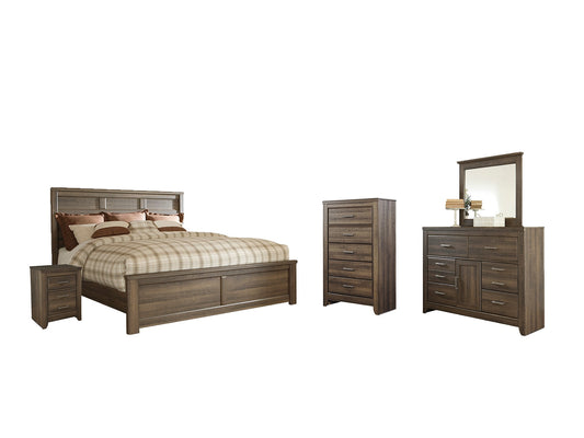 Juararo Queen Panel Bed with Mirrored Dresser, Chest and Nightstand at Walker Mattress and Furniture Locations in Cedar Park and Belton TX.