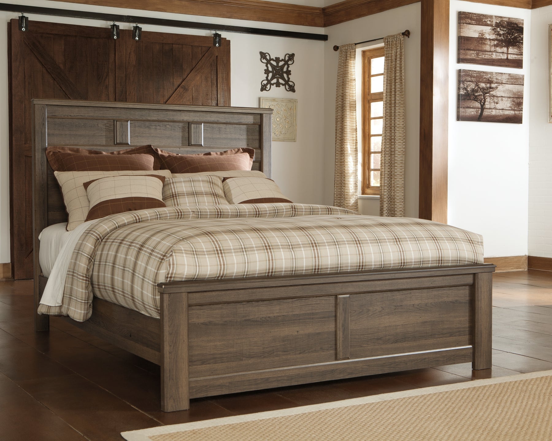 Juararo Queen Panel Bed with Mirrored Dresser, Chest and Nightstand at Walker Mattress and Furniture Locations in Cedar Park and Belton TX.