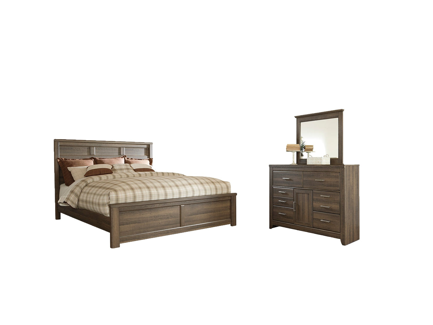 Juararo Queen Panel Bed with Mirrored Dresser at Walker Mattress and Furniture Locations in Cedar Park and Belton TX.