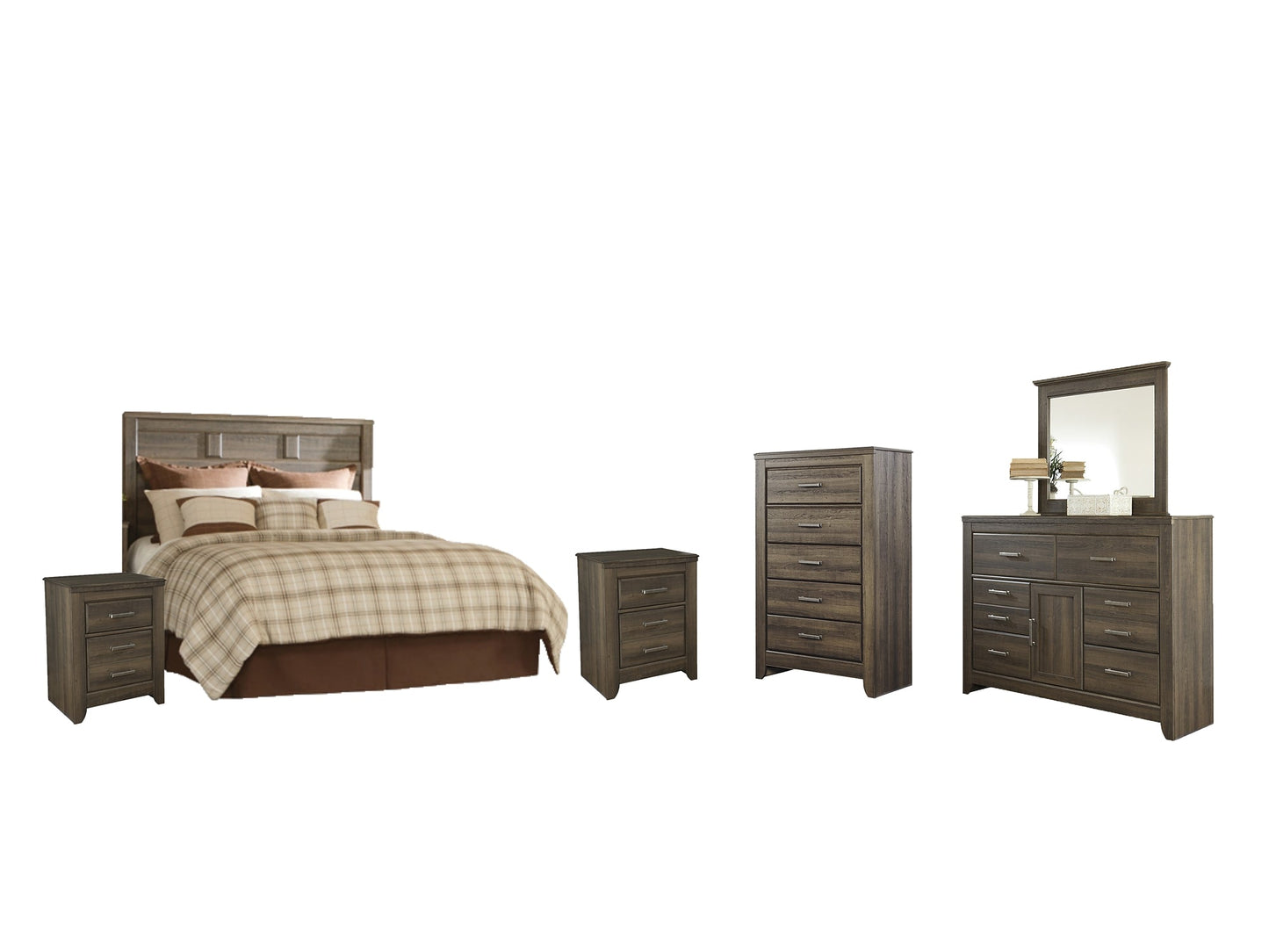 Juararo Queen Panel Headboard with Mirrored Dresser, Chest and 2 Nightstands at Walker Mattress and Furniture Locations in Cedar Park and Belton TX.