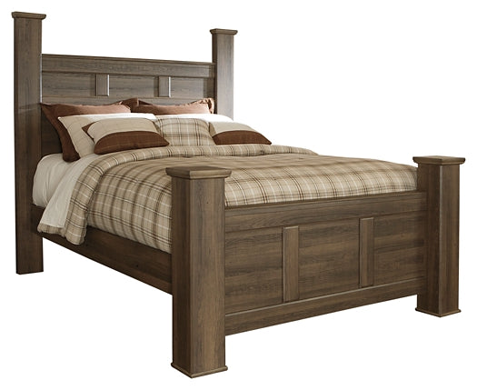 Juararo Queen Poster Bed with Mirrored Dresser, Chest and 2 Nightstands at Walker Mattress and Furniture Locations in Cedar Park and Belton TX.